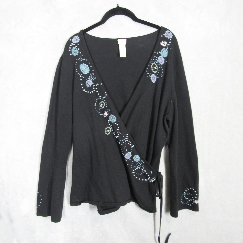 J Jill Black Wrap Sweater Top XL Embroidered Floral Beaded Long Sleeve Knit